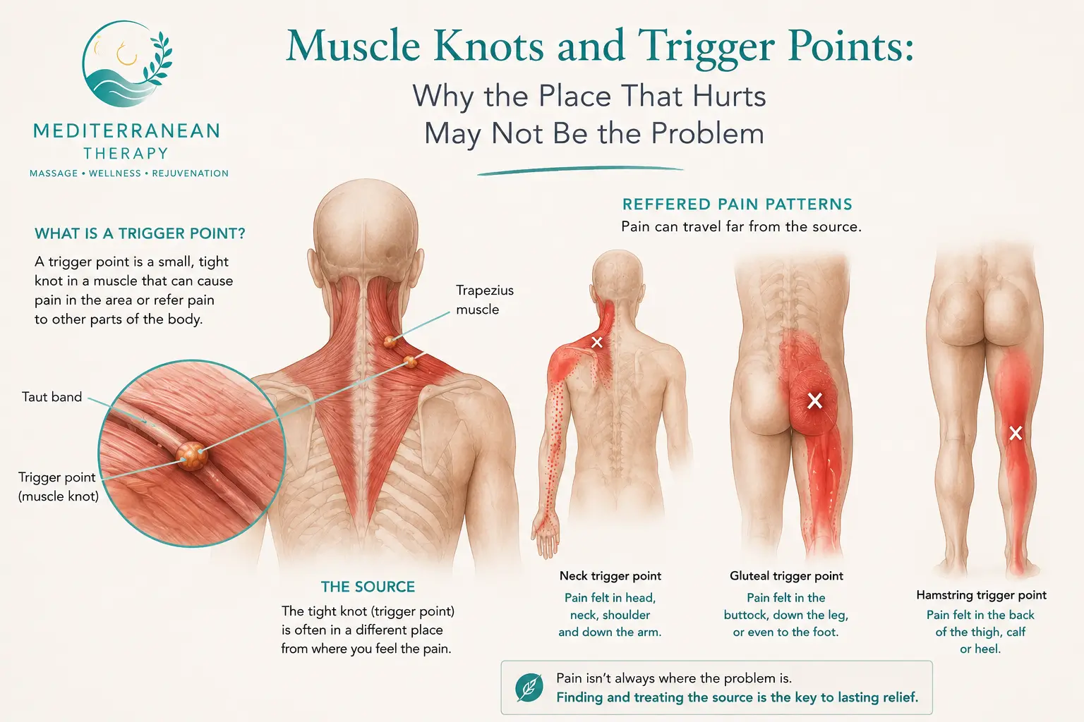 Illustration explaining trigger points and referred muscular pain